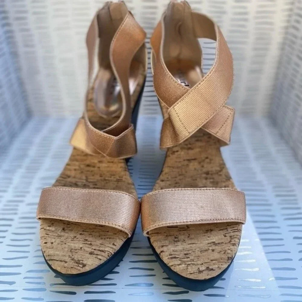 Charles by Charles David Rose Gold‎ Strappy Cork Back Zip Wedges size 8